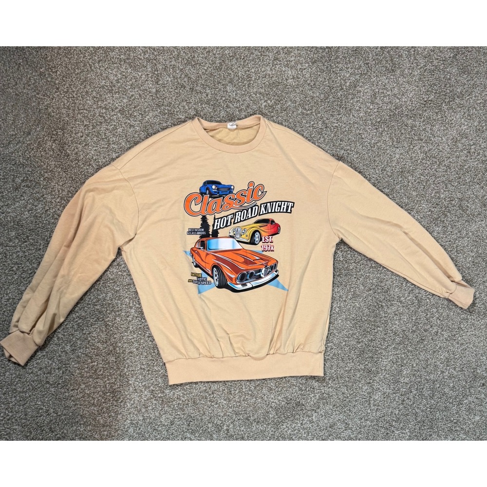 SHEIN Teen Boys Beige Classic Hot Road Knight Car Graphic Sweatshirt Size 14Y